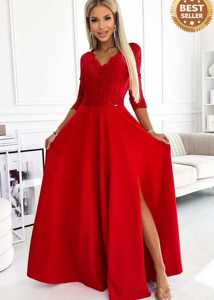 Red Lace Long Dress with Neckline and Leg Slit – Amber