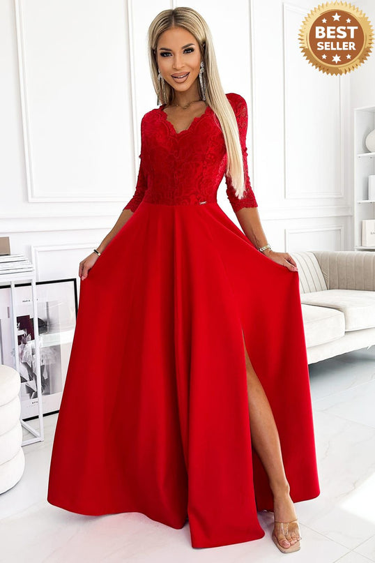 309-8 AMBER lace, elegant long dress with a neckline and leg slit - red