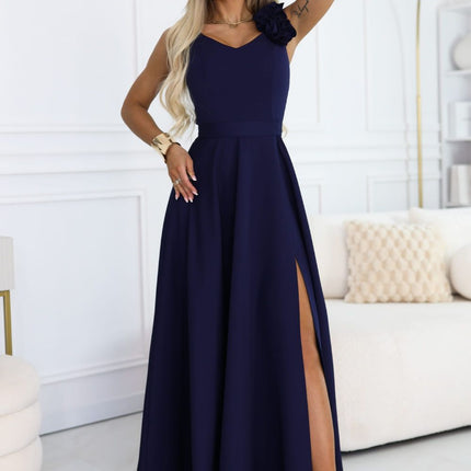 Navy Blue Maxi Gown with Slit and Roses – Elegant Evening 643-4