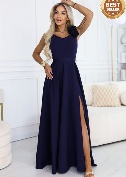 Navy Blue Maxi Gown with Slit and Roses – Elegant Evening 643-4