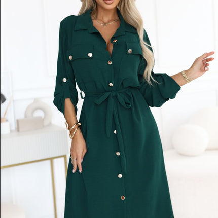 Green Midi Shirt Dress with Gold Buttons and Tie Detail