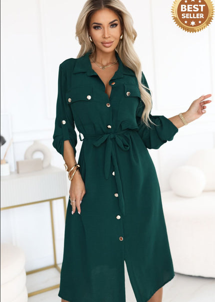 Green Midi Shirt Dress with Gold Buttons and Tie Detail