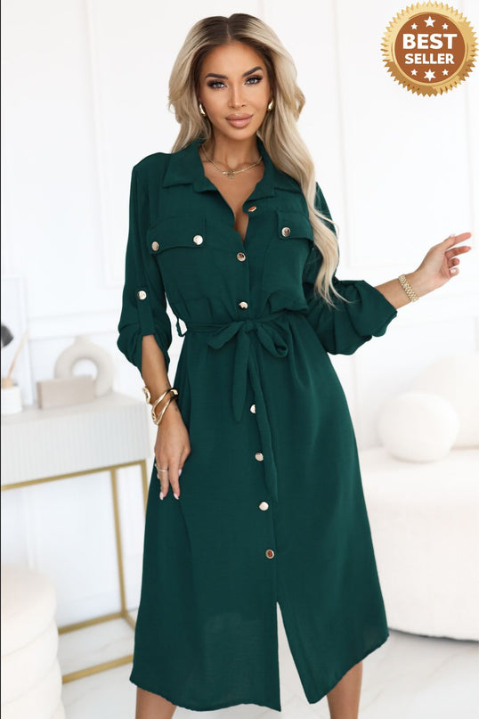 Green Midi Shirt Dress with Gold Buttons and Tie Detail