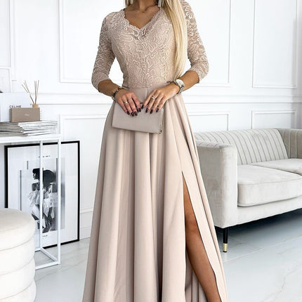 Beige Lace Long Dress with Neckline and Leg Slit – Amber