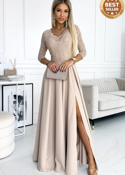 Beige Lace Long Dress with Neckline and Leg Slit – Amber
