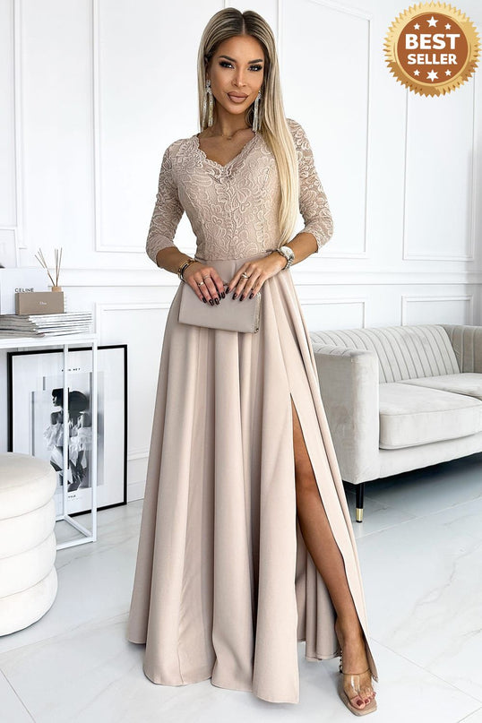 309-10 AMBER lace, elegant long dress with a neckline and leg slit - beige