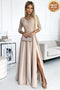 Beige Lace Long Dress with Neckline and Leg Slit – Amber
