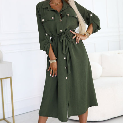 Khaki Midi Shirt Dress with Gold Buttons and Tie