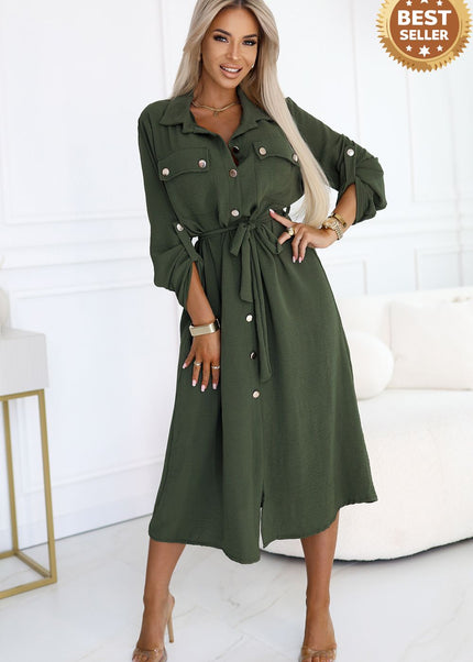 Khaki Midi Shirt Dress with Gold Buttons and Tie
