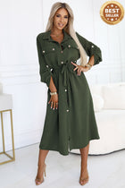 531-5 Midi Shirt Dress with Gold Buttons and Tie - KHAKI