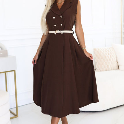 Chocolate Midi Shirt Dress with Gold Buttons and Belt – Elegant