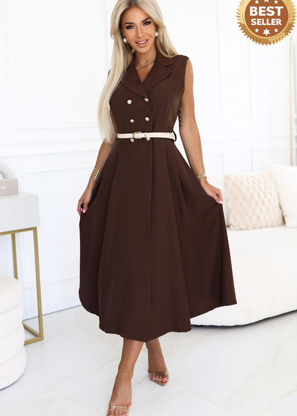 Chocolate Midi Shirt Dress with Gold Buttons and Belt – Elegant