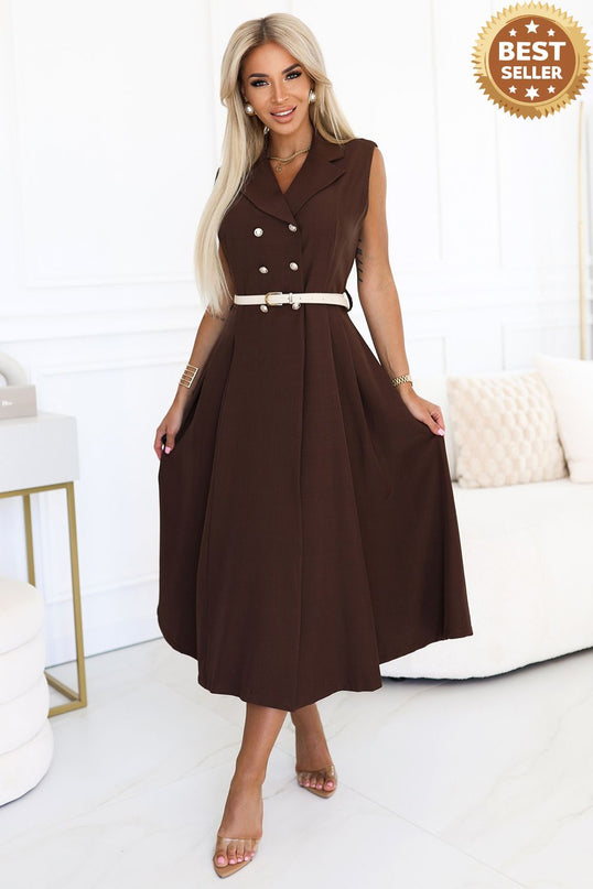 596-4 Elegant midi shirt dress with gold buttons and belt - chocolate