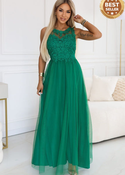 Green Embroidered Lace and Tulle Maxi Wedding Dress – Romantic