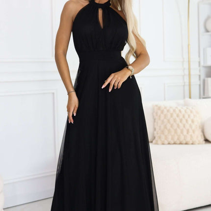 Black Tulle Halter Maxi Dress with Waist Tie – Elegant Evening