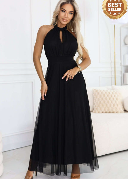 Black Tulle Halter Maxi Dress with Waist Tie – Elegant Evening