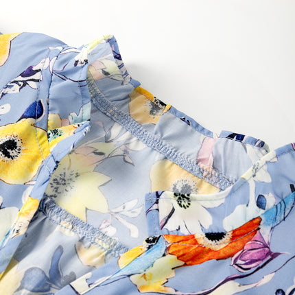 Sky Blue Flutter Sleeve V Neck Floral Top