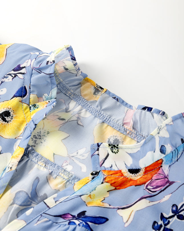 Sky Blue Flutter Sleeve V Neck Floral Top