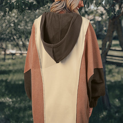 Beige Oversized Color Block Patchwork High Low Hoodie