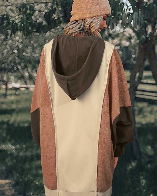 Beige Oversized Color Block Patchwork High Low Hoodie