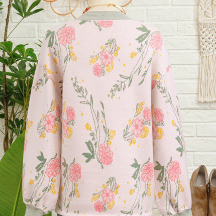 Pink Floral Pattern Striped V Neck Loose Sweater