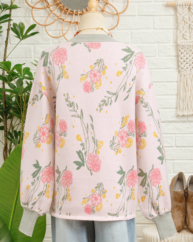 Pink Floral Pattern Striped V Neck Loose Sweater