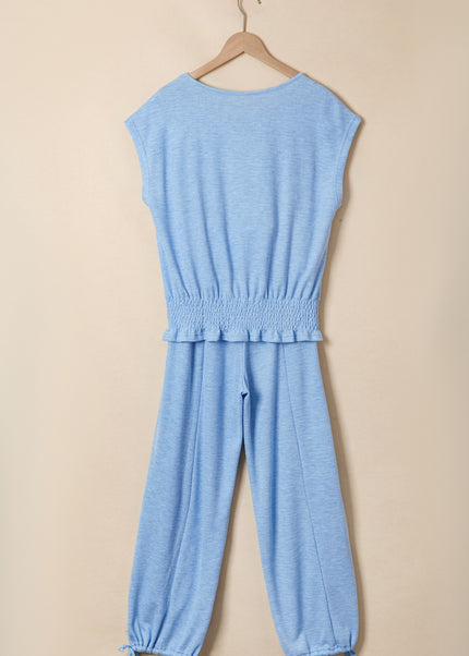 Beau Blue Cap Sleeve Matching Top and Jogger Pants Set