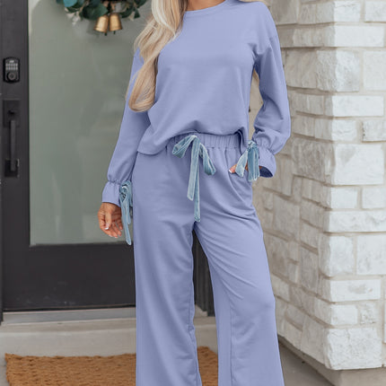Beau Blue Flounce Long Sleeve Top Drawstring Pants Contrast Velvet Bow Knot 2pcs Lounge Set