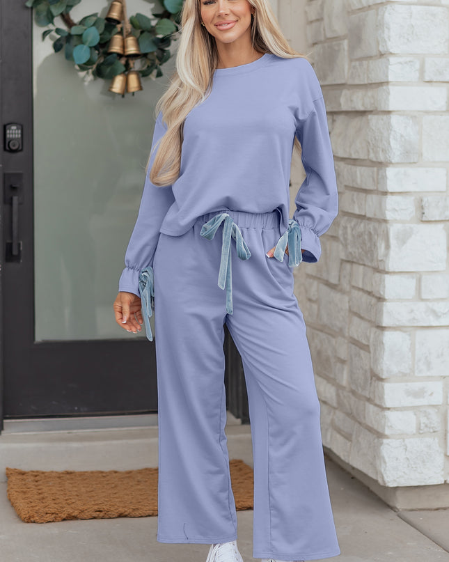 Beau Blue Flounce Long Sleeve Top Drawstring Pants Contrast Velvet Bow Knot 2pcs Lounge Set
