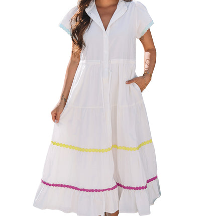 White Colorblock Rickrack Trim Short Sleeve Drawstring Waist Long Dress