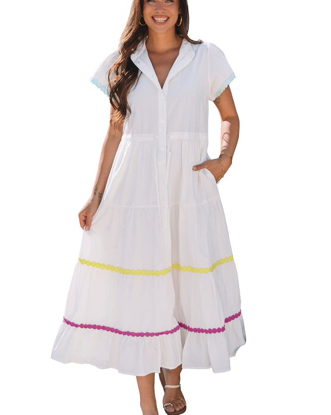 White Colorblock Rickrack Trim Short Sleeve Drawstring Waist Long Dress