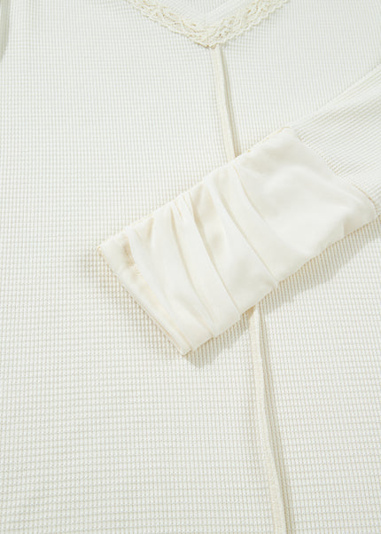 Beige Thermal Knit Lace Ruched Patchwork Long Sleeve V Neck Top