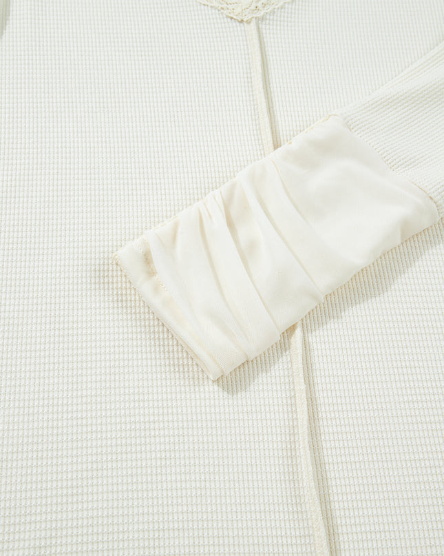 Beige Thermal Knit Lace Ruched Patchwork Long Sleeve V Neck Top