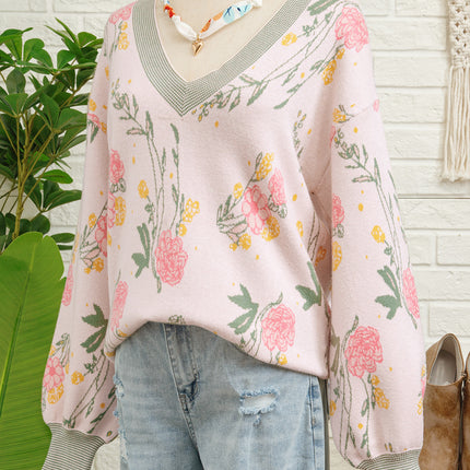 Pink Floral Pattern Striped V Neck Loose Sweater