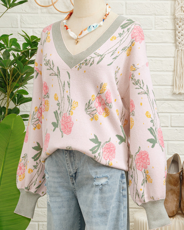 Pink Floral Pattern Striped V Neck Loose Sweater