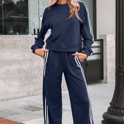 Fiery Red Varsity Striped Detail Crewneck Pullover Elastic Sweatpants 2pcs Outfit