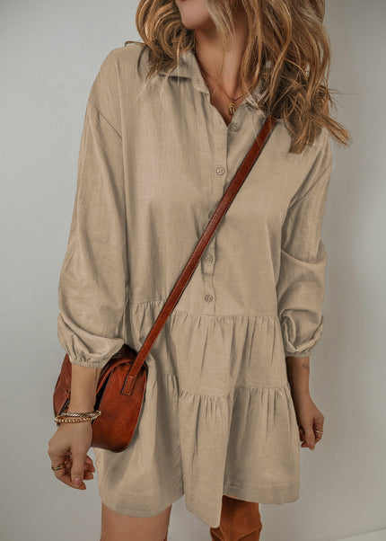 Tan Puff Sleeve Buttoned Tiered Pleated Shirt Mini Dress