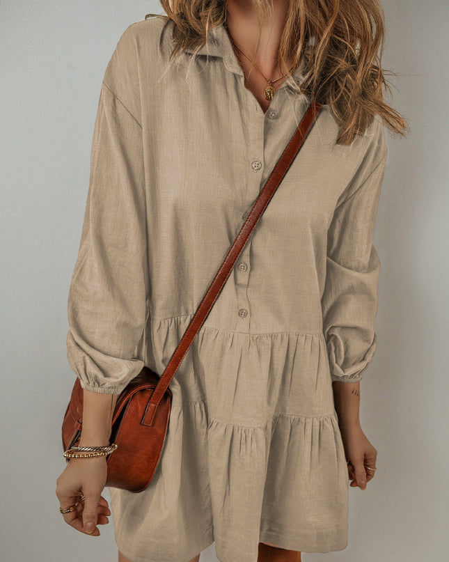 Tan Puff Sleeve Buttoned Tiered Pleated Shirt Mini Dress