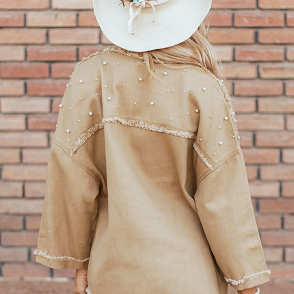 Khaki Pearl Beaded Raw Hem Button Up Denim Jacket