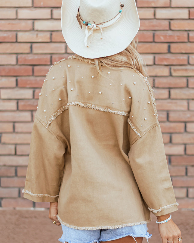 Khaki Pearl Beaded Raw Hem Button Up Denim Jacket