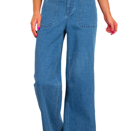 Dusk Blue Retro Washed Patch Pocket Loose Jeans