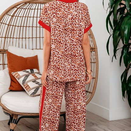 Brown Contrast Trim Leopard Top and Pant Set