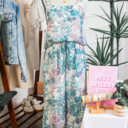 Green Tropical Palm Printed Cropped Tank Drawstring Wide Leg Pant Set