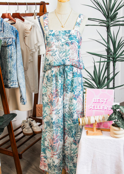 Green Tropical Palm Printed Cropped Tank Drawstring Wide Leg Pant Set