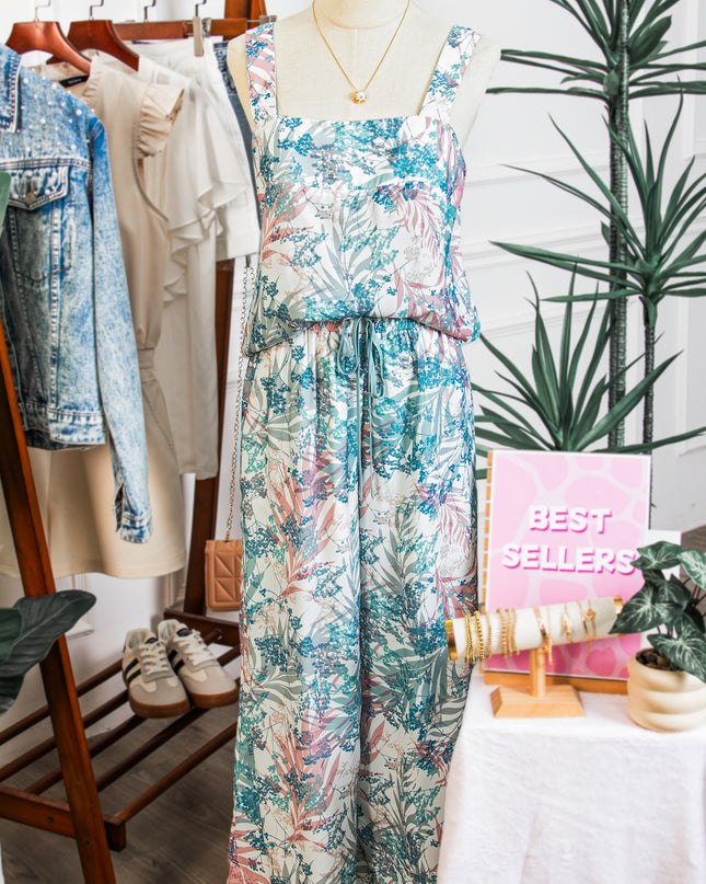 Green Tropical Palm Printed Cropped Tank Drawstring Wide Leg Pant Set