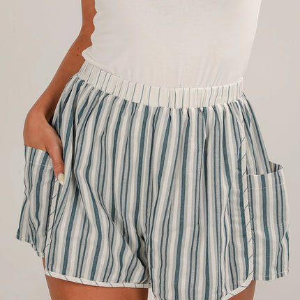 Gray Stripe Elastic Waist Cargo Pocket Casual Shorts