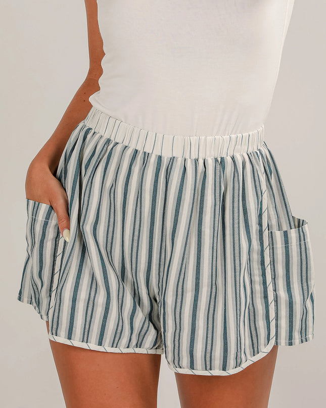Gray Stripe Elastic Waist Cargo Pocket Casual Shorts