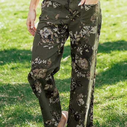 Green Vintage Floral Print Square Patch Pocket Raw Hem Shift Jeans