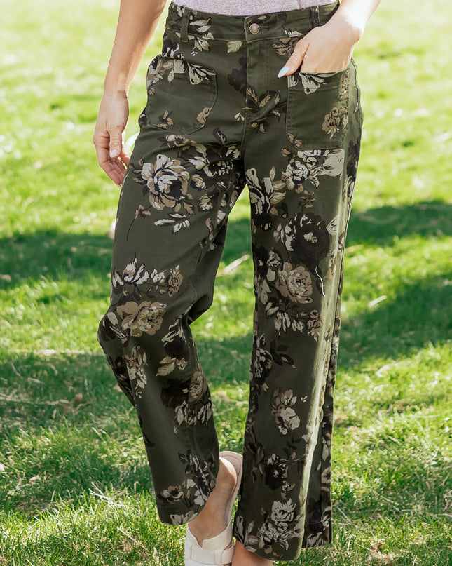 Green Vintage Floral Print Square Patch Pocket Raw Hem Shift Jeans