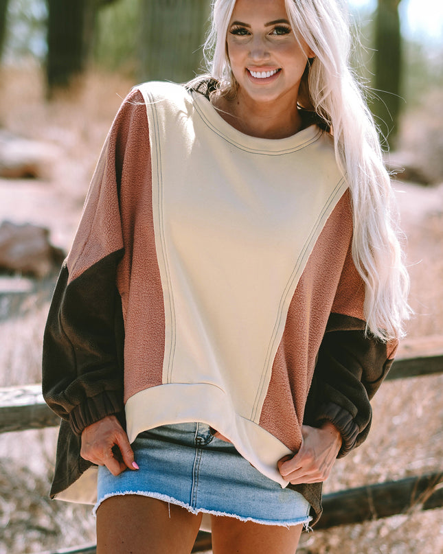 Beige Oversized Color Block Patchwork High Low Hoodie